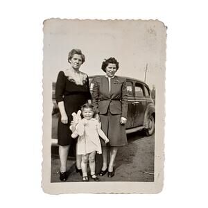 Vtg B&W Found Original Photo 1940s Women and Child Posing Car Behind Snapshot